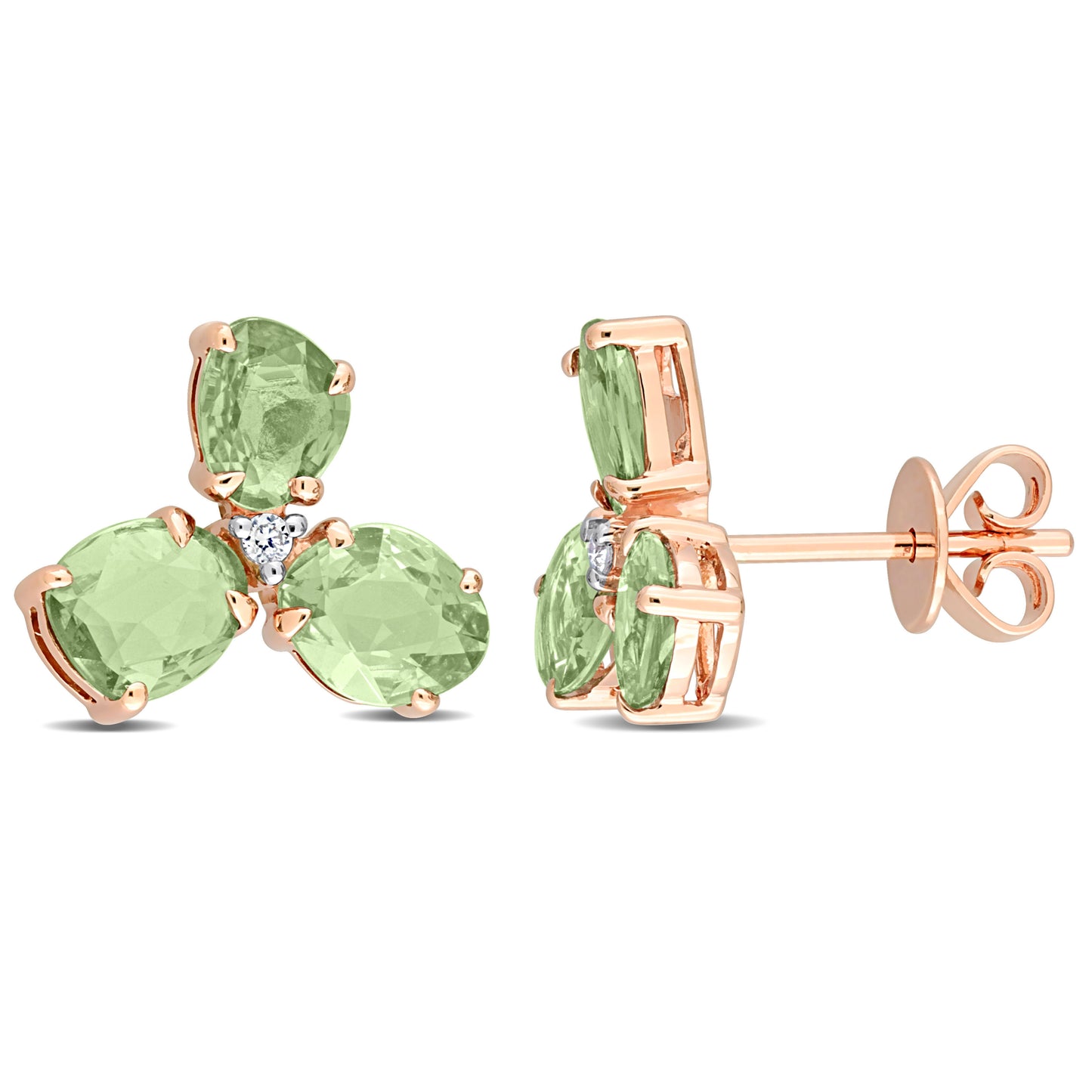 Green Sapphire & Diamond 3-Stone Studs in 14k Rose Gold