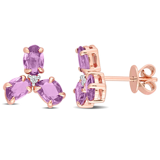 Purple Sapphire & Diamond 3-Stone Studs in 14k Rose Gold