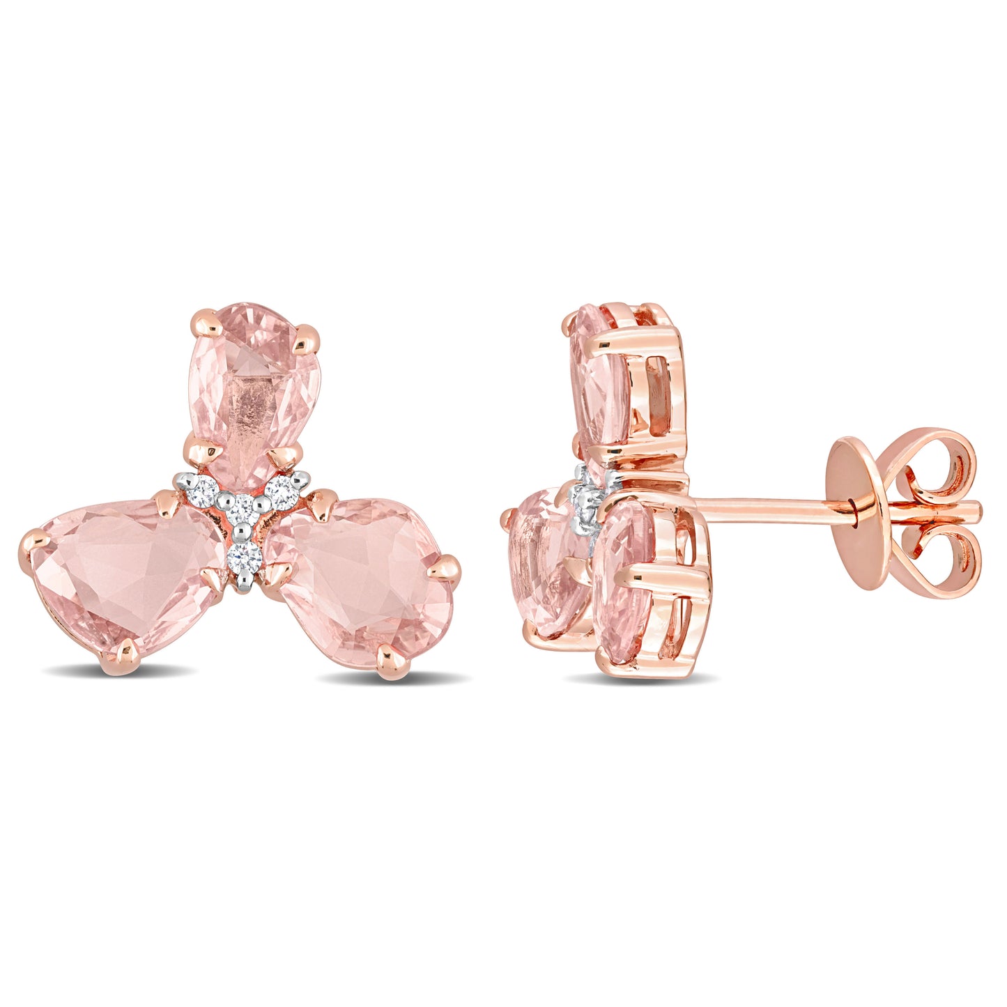 Pink Sapphire & Diamond 3-Stone Studs in 14k Rose Gold