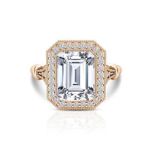 Vintage Emerald Cut Moissanite Halo Engagement Ring