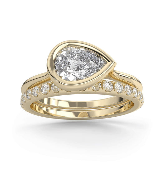 East West Pear Bezel Diamond & Pave Band Wedding Set in 14k Gold