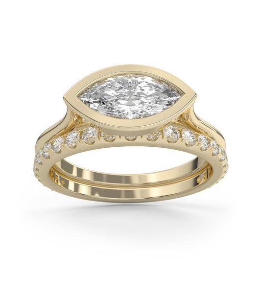 East West Marquise Bezel Diamond & Pave Band Wedding Set in 14k Gold