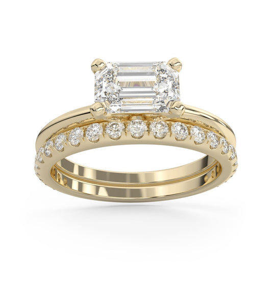 East West Emerald Cut Diamond & Pave Band Wedding Set in 14k Gold