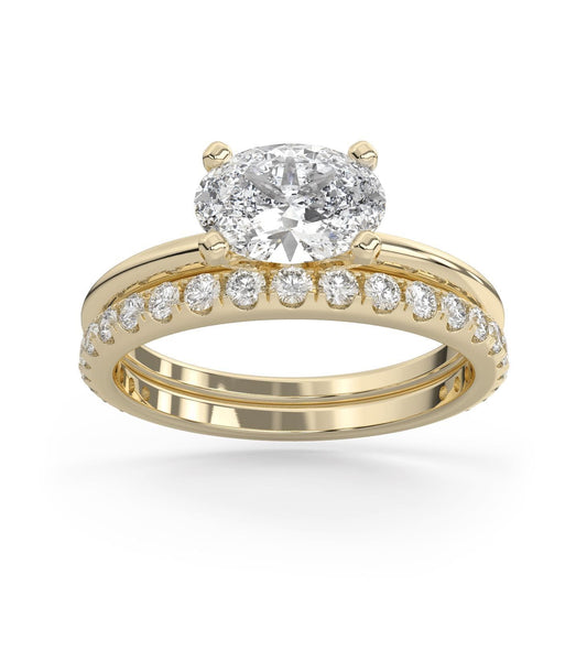 East West Oval Cut Diamond & Pave Band Wedding Set in 14k Gold
