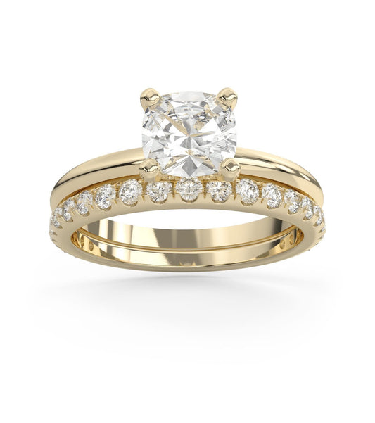 Cushion Cut Diamond & Pave Band Wedding Set in 14k Gold