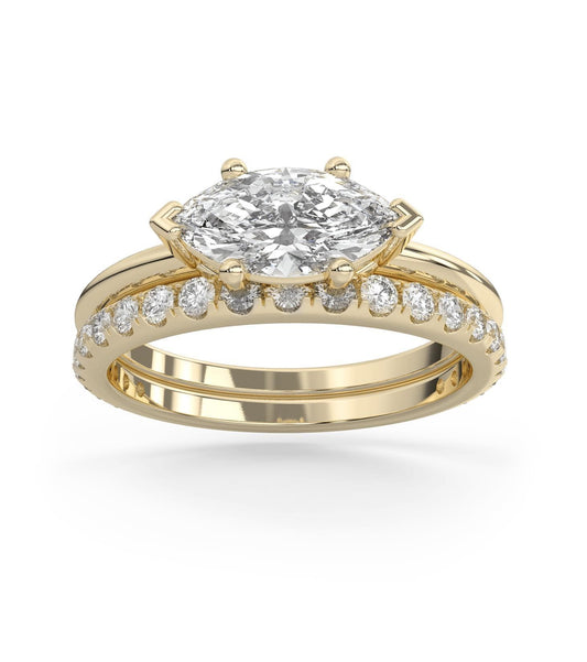 East West Marquise Diamond & Pave Band Wedding Set in 14k Gold