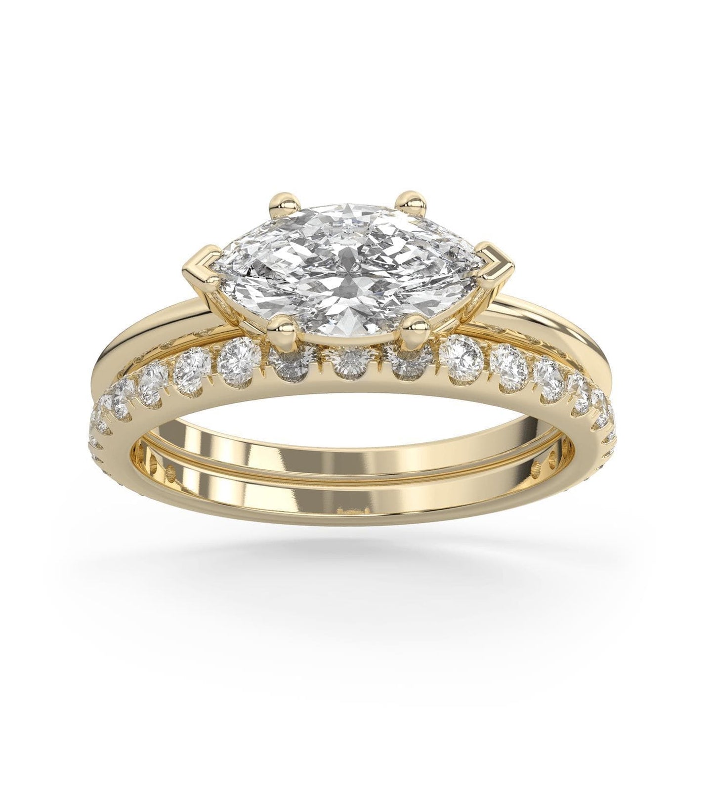 East West Marquise Moissanite & Pave Band Wedding Set in 14k Gold