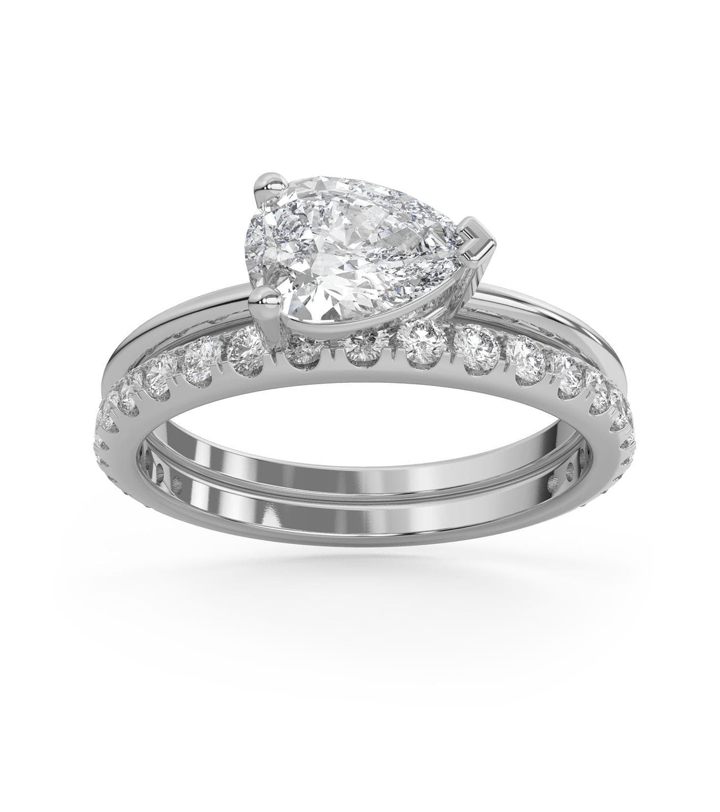 East West Pear Cut Diamond & Pave Band Wedding Set in 14k Gold