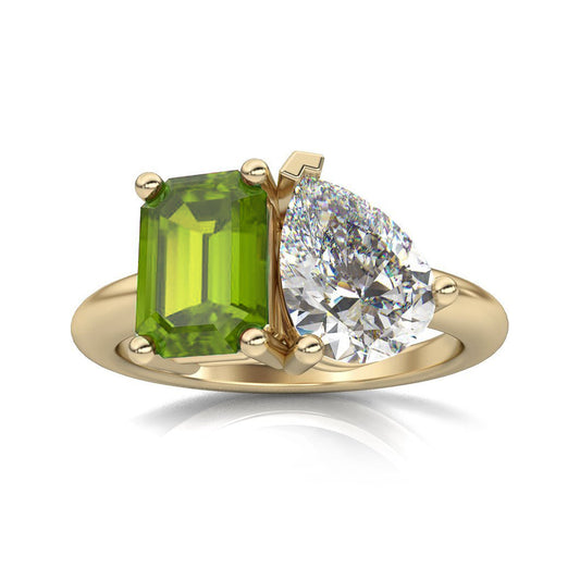 Toi et Moi Peridot & Moissanite Ring in 14k Gold