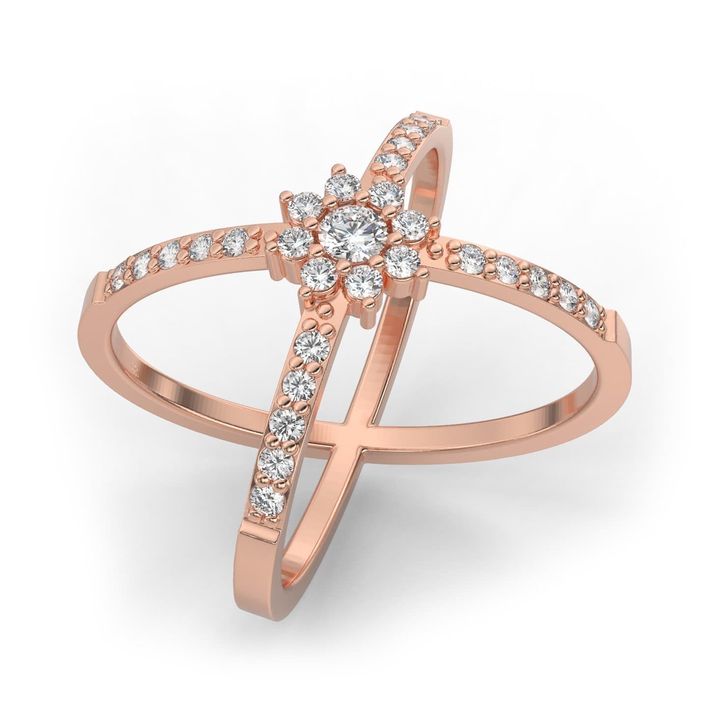 X Shape Flower Diamond Ring in 14k Gold