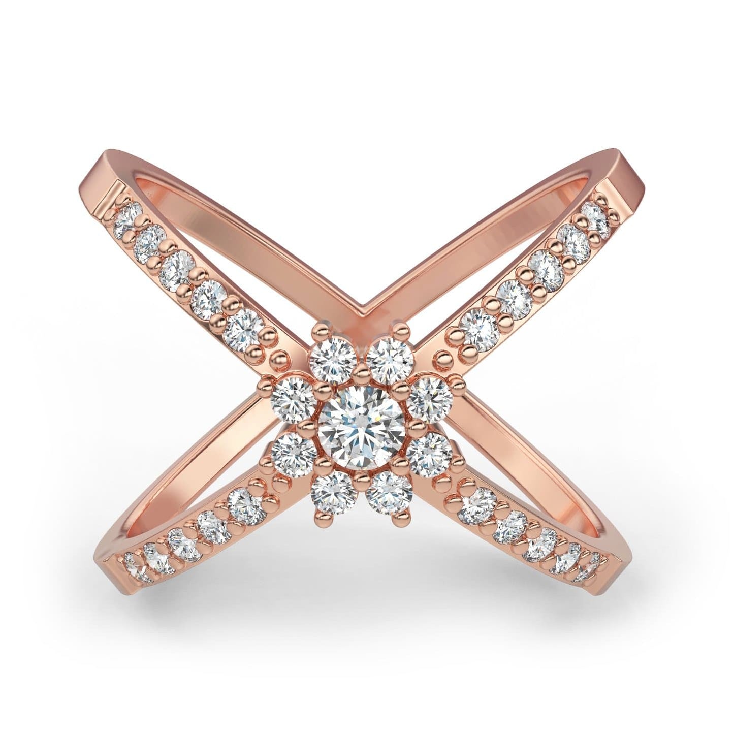 X Shape Flower Diamond Ring in 14k Gold