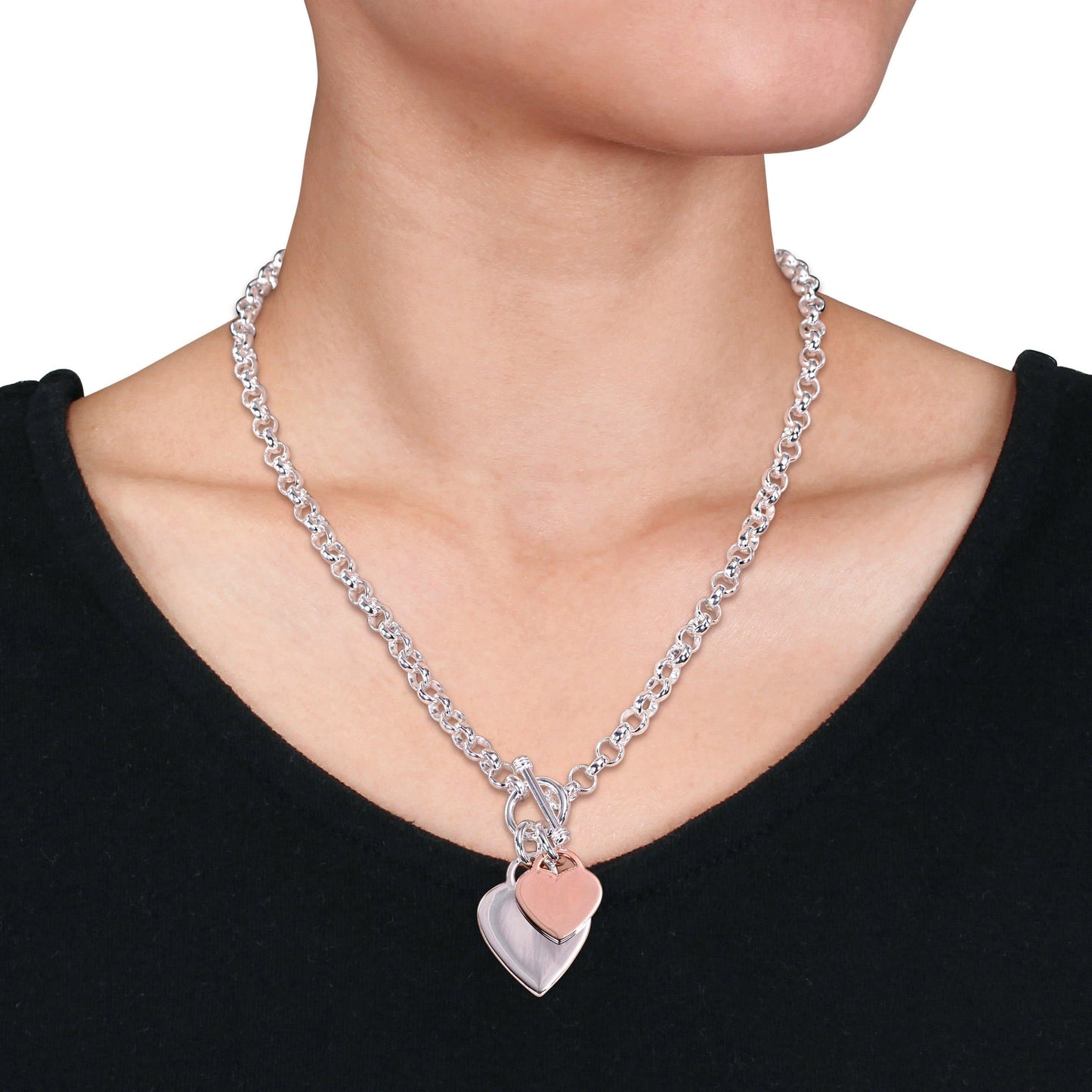 Sophia B Double Heart Charm & Toggle Clasp 2-tone Silver Necklace