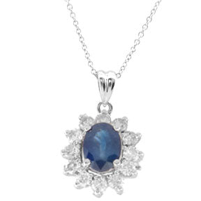 1.0ct Blue Sapphire and Diamond Halo Pendant in 14k White Gold