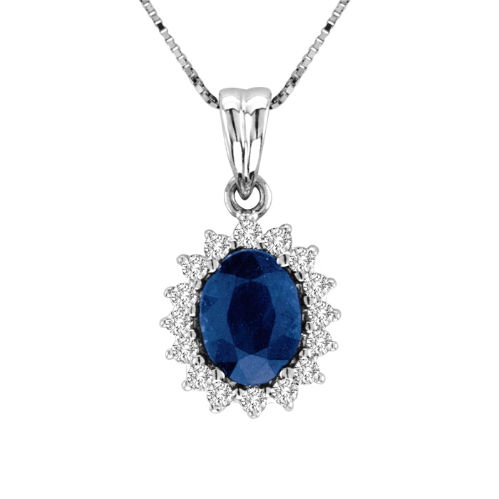 1 3/4ct Blue Sapphire and Diamond Halo Pendant in 14k White Gold