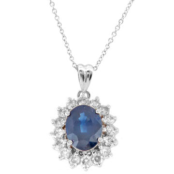 2 1/2ct Blue Sapphire and Diamond Halo Pendant in 14k White Gold
