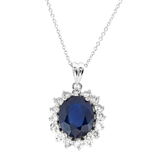3 3/4ct Blue Sapphire and Diamond Halo Pendant in 14k White Gold