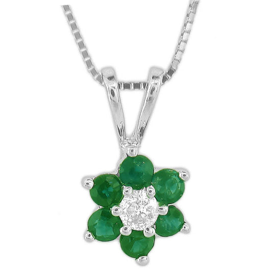 3/8ct Emerald Flower Pendant with Diamond Accents in 14k White Gold