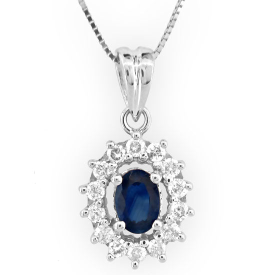 2/3ct Blue Sapphire and Diamond Halo Pendant in 14k White Gold