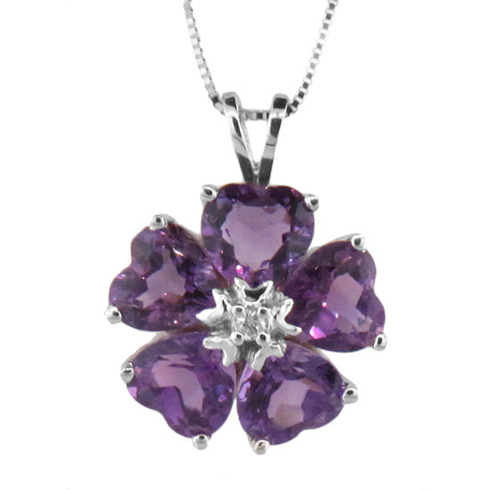 3 1/2ct Amethyst Flower Pendant with Diamond Accents in 14k White Gold