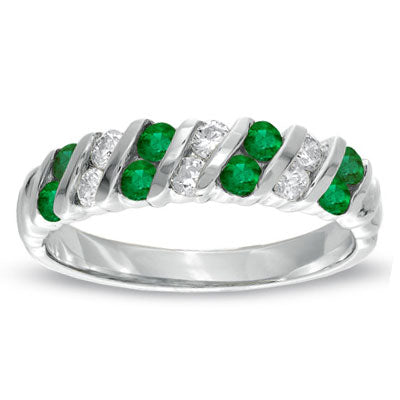 Emerald & Diamond Band in 14k White Gold