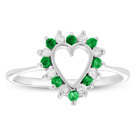 1/4ct Round-Cut Emerald & Diamond Heart Ring in 14k White Gold