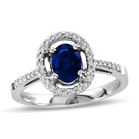 1.0ct Blue Sapphire & Diamond Halo Engagement Ring in 14k White Gold