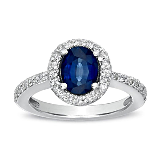 1 8/9ct Blue Sapphire & Diamond Halo Engagement Ring in 14k White Gold