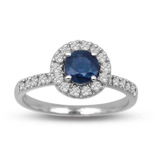 8/9ct Blue Sapphire & Diamond Halo Ring in 14k White Gold