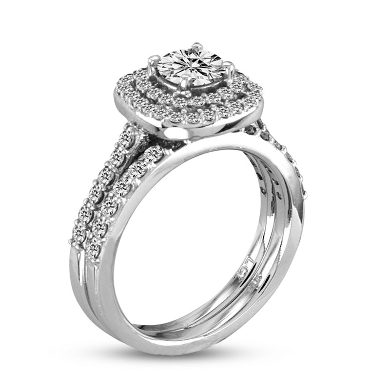 1 3/5ct Diamond Halo Bridal Set in 14k White Gold