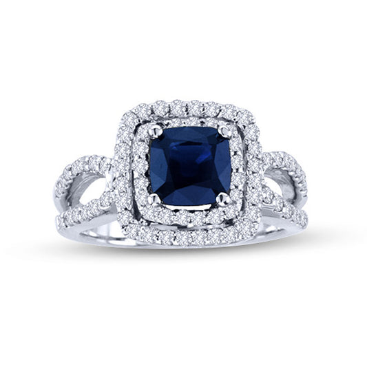2 2/5ct Blue Sapphire & Diamond Halo Ring in 14k White Gold