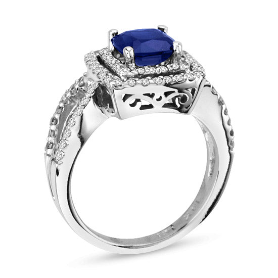 2 2/5ct Blue Sapphire & Diamond Halo Ring in 14k White Gold