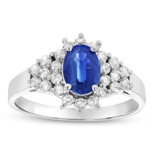 1 1/9ct Oval-Cut Blue Sapphire & Diamond Cluster Halo Ring in 14k White Gold