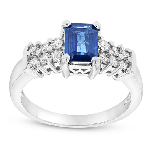 1 2/5ct Emerald-Cut Blue Sapphire &Diamond Ring in 14k White Gold