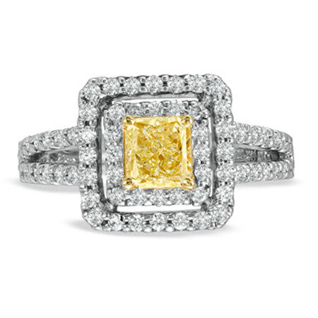 1 1/3ct Yellow Diamond Halo Engagement Ring in 14k White Gold