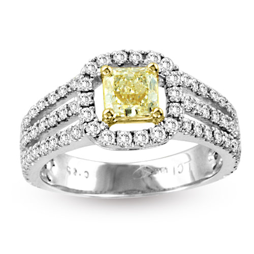 1 2/5ct Yellow Diamond Triple Band Halo Ring in 18k Two-Tone Gold