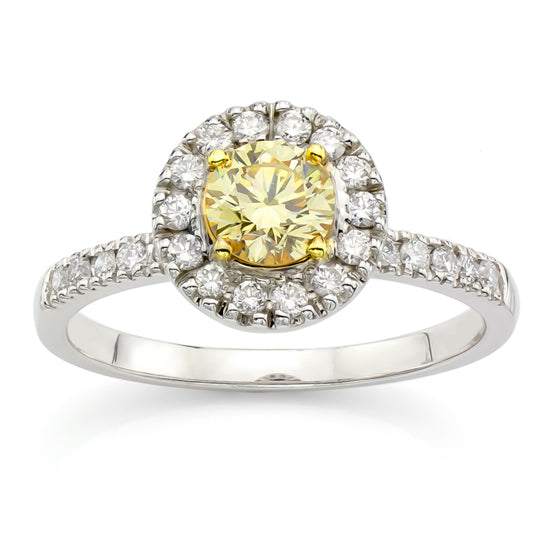 7/8ct Round-Cut Yellow Diamond Halo Ring in 18k Two-Tone Gold