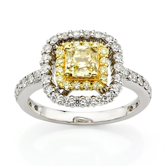 1 2/5ct Yellow Diamond Double Halo Ring in 18k Two-Tone Gold