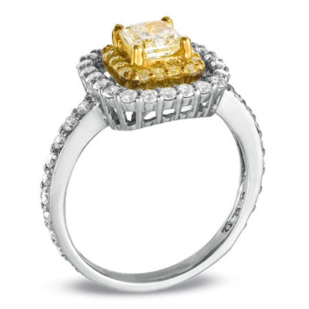 1 2/5ct Yellow Diamond Double Halo Ring in 18k Two-Tone Gold