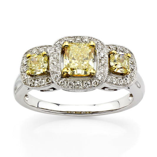 1 1/6ct Yellow Diamond Three-Stone Ring in 14k White Gold