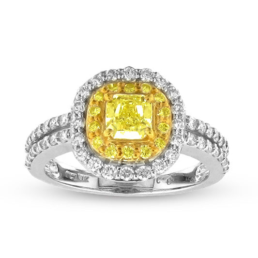 1 1/3ct Yellow Diamond Double Row Halo Ring in 18k Two-Tone Gold