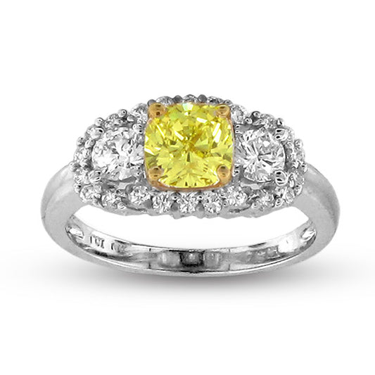1 7/9ct Cushion-Cut Yellow Diamond Three-Stone Ring in 18k Two-Tone Gold