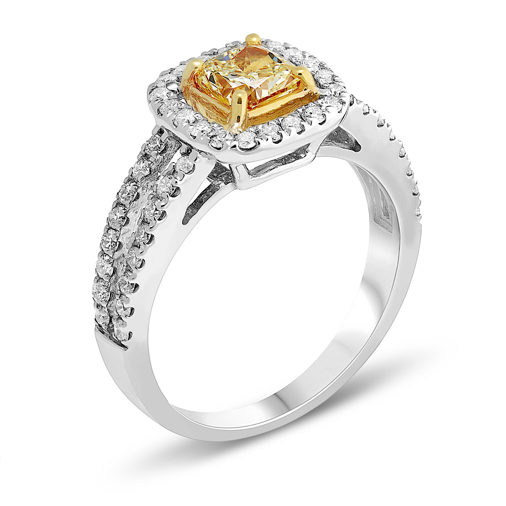 1 1/5ct Yellow Diamond Double Band Halo Ring in 18k Two-Tone Gold
