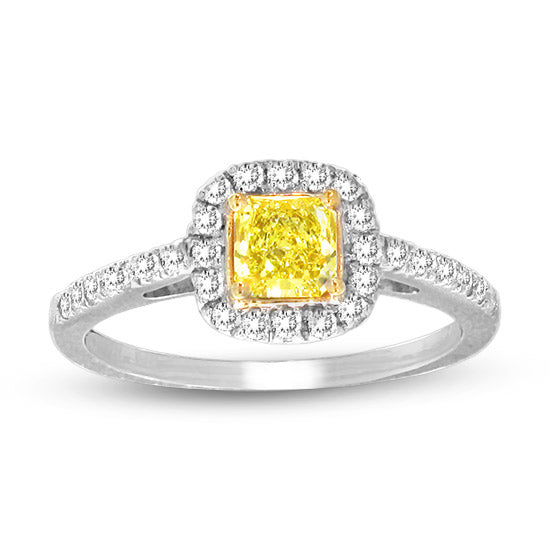 7/9ct Yellow Diamond Halo Ring in 14k White Gold