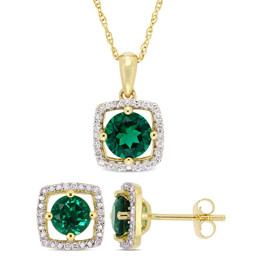 2 PC Set Created Emerald & Diamond Pendant & Earring Set in 10k Yellow Gold