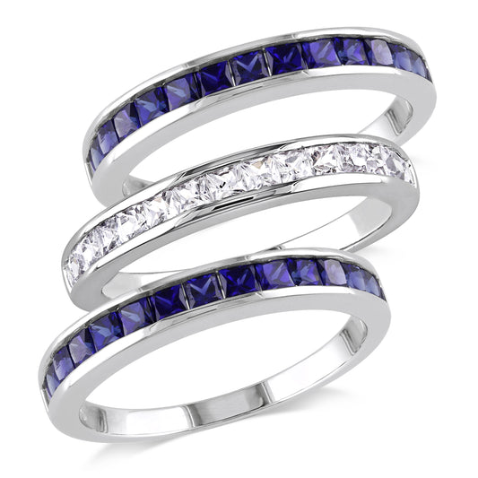 White & Blue Sapphire 3 Ring Set in Sterling Silver