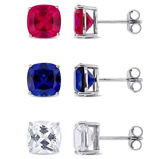 3 Pc Ruby & Blue & White Sapphire Earring Set in Sterling Silver