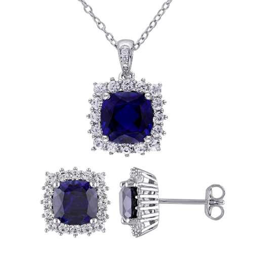 Cushion Cut Blue Sapphire Necklace & Earrings Set