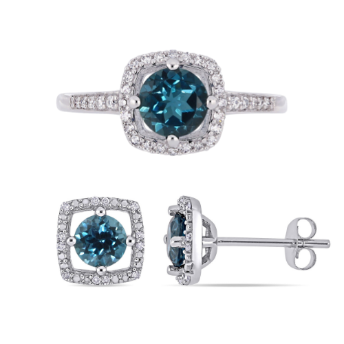 London Blue Topaz & Diamond Halo Ring & Earrings Set