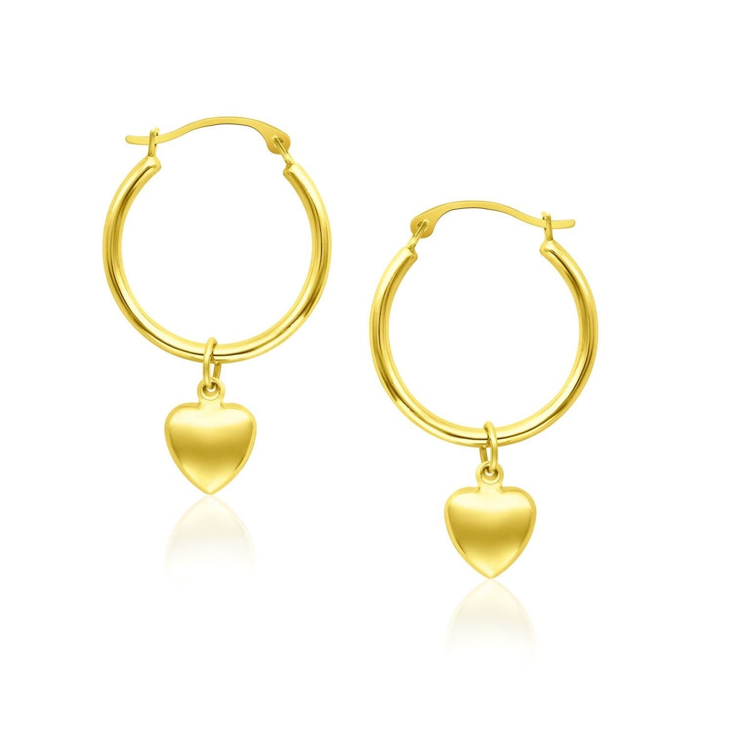 14k Yellow Gold Hoop Earrings with Dangle Puffed Heart