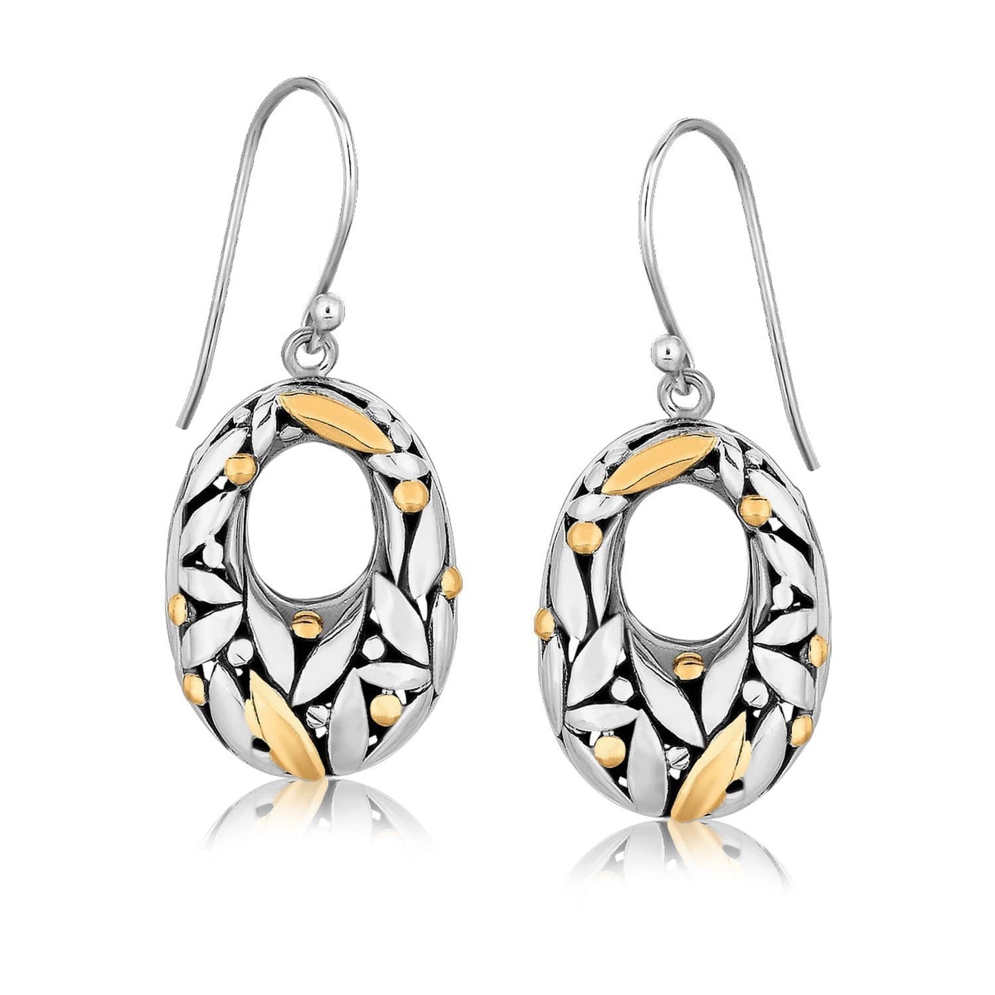 18K Yellow Gold and Sterling Silver Graduated Dangle Earrings with Leaf Motifs